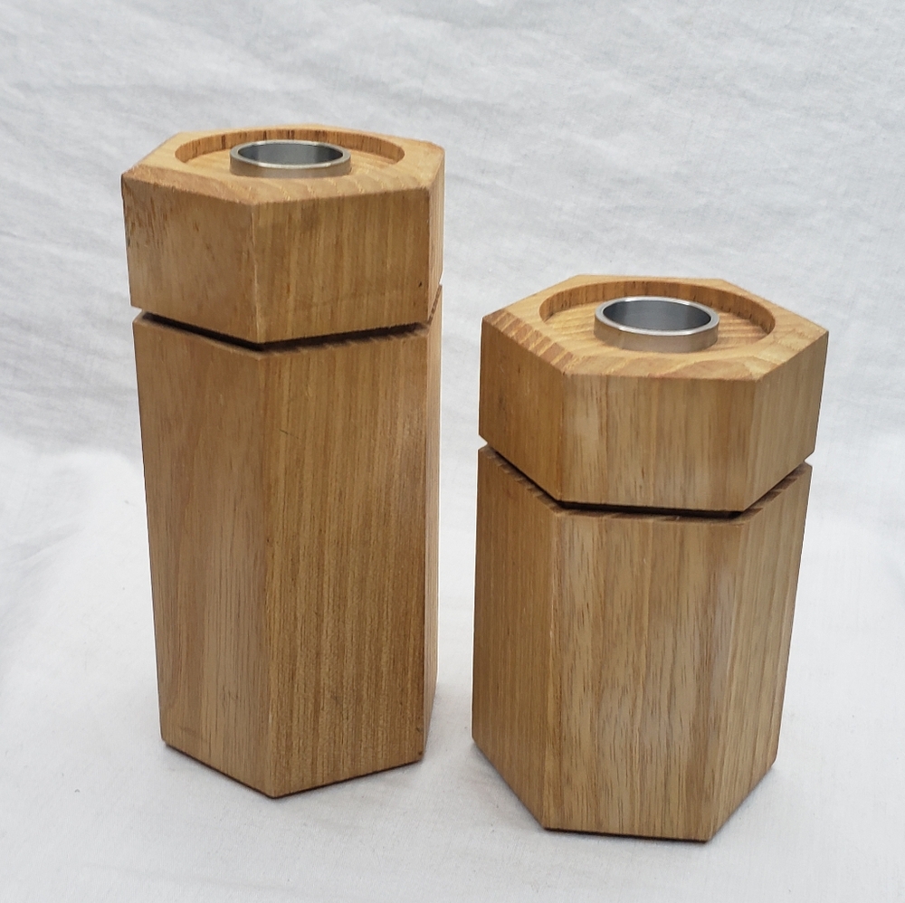 Two Vintage Oak Candlestick Holders Modern Minimalist
